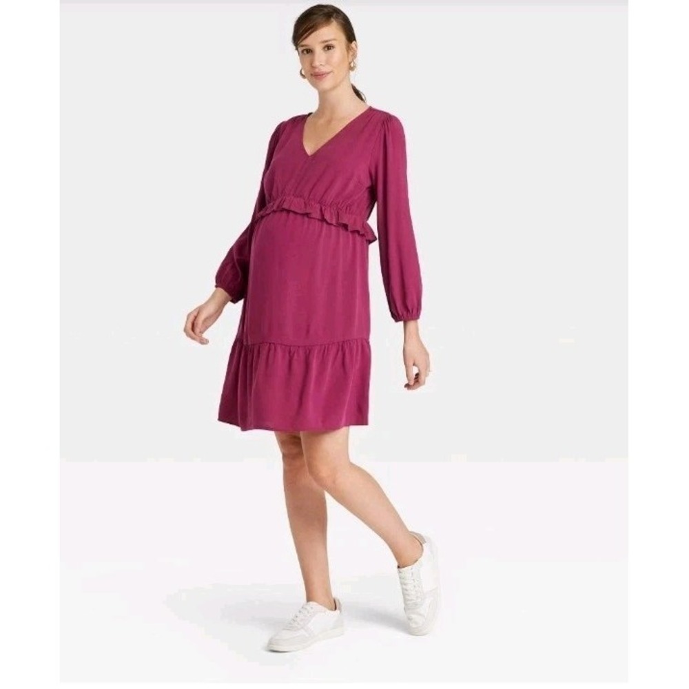 Isabel‎ Maternity Tiered Long Sleeve Fuschia Ruffle Dress Sz Small